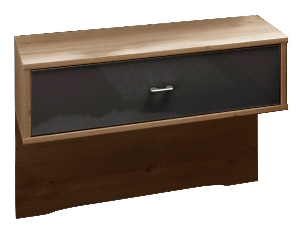 Moderner Nachtschrank aus Holz mit dunkler Schubladenfront, seitliche Perspektive