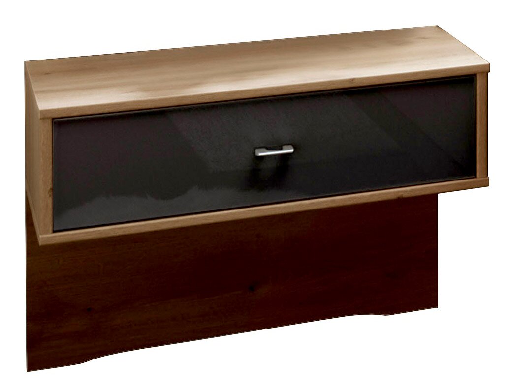 Modern houten nachtkastje met donkere ladefronten, zijaanzicht