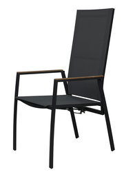 Moderner schwarzer Stapelstuhl mit Armlehnen, seitliche Perspektive