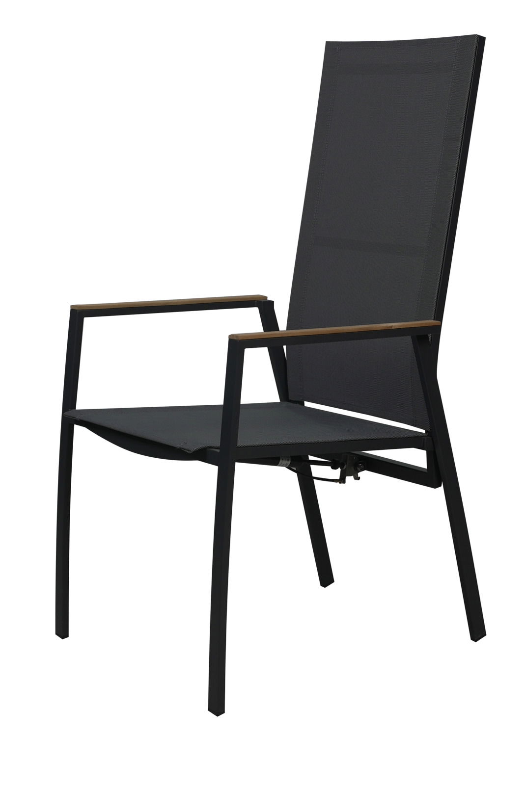 Moderner schwarzer Stapelstuhl mit Armlehnen, seitliche Perspektive