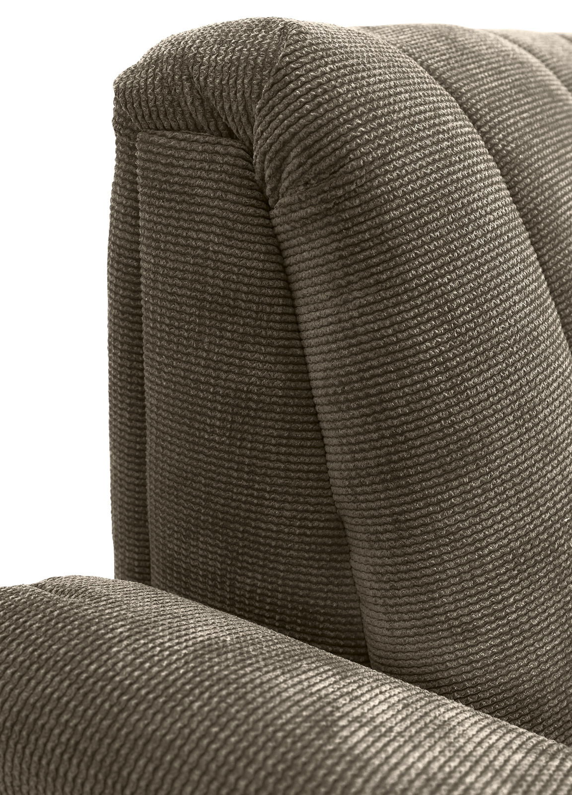 Nahaufnahme einer 2,5er-Sitzbank mit strukturiertem Stoffbezug in seitlicher Perspektive.