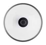 Sicht von oben auf einen Sicherheitsglasdeckel mit schwarzem Griff, Durchmesser 28 cm