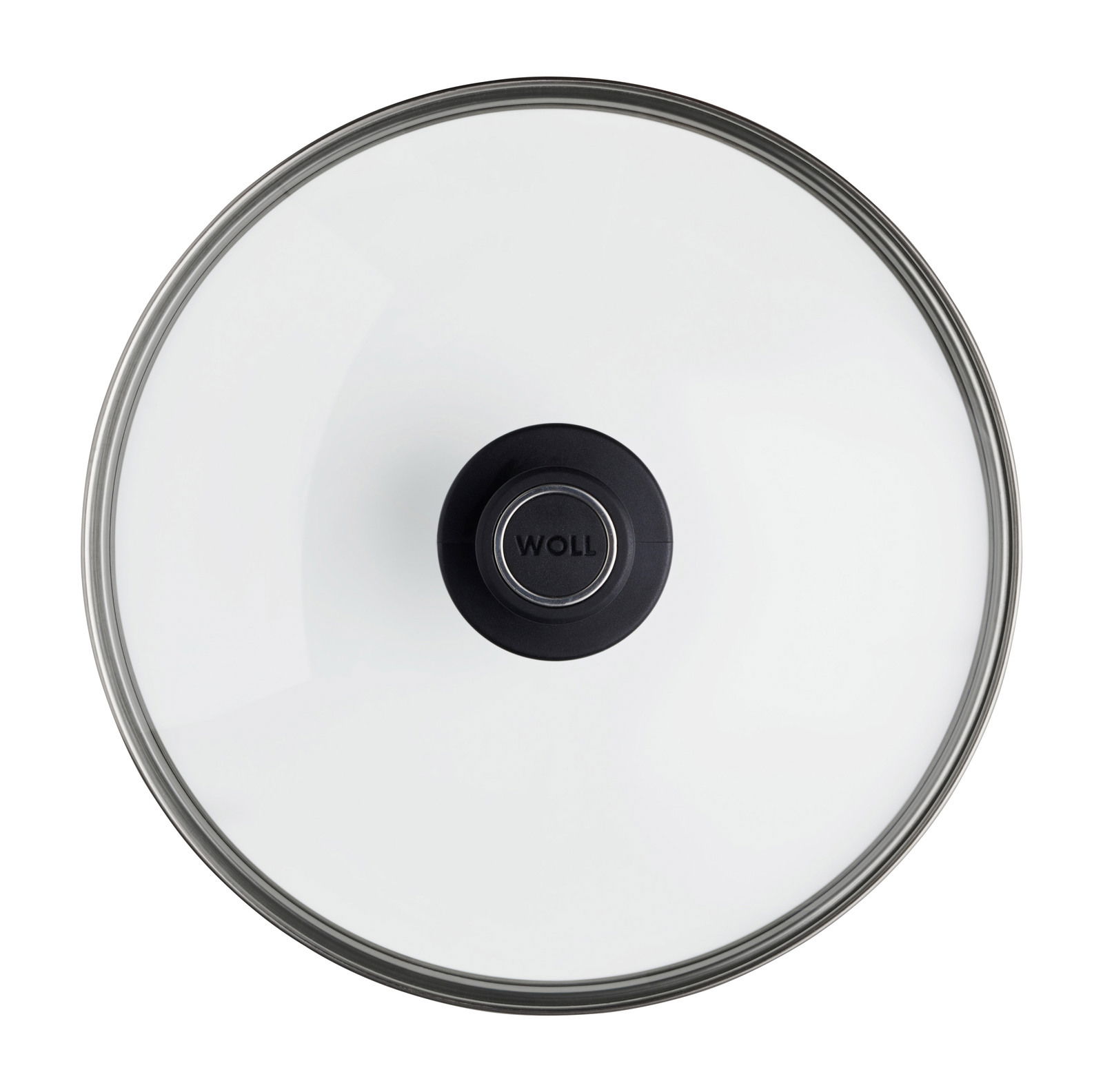 Sicht von oben auf einen Sicherheitsglasdeckel mit schwarzem Griff, Durchmesser 28 cm