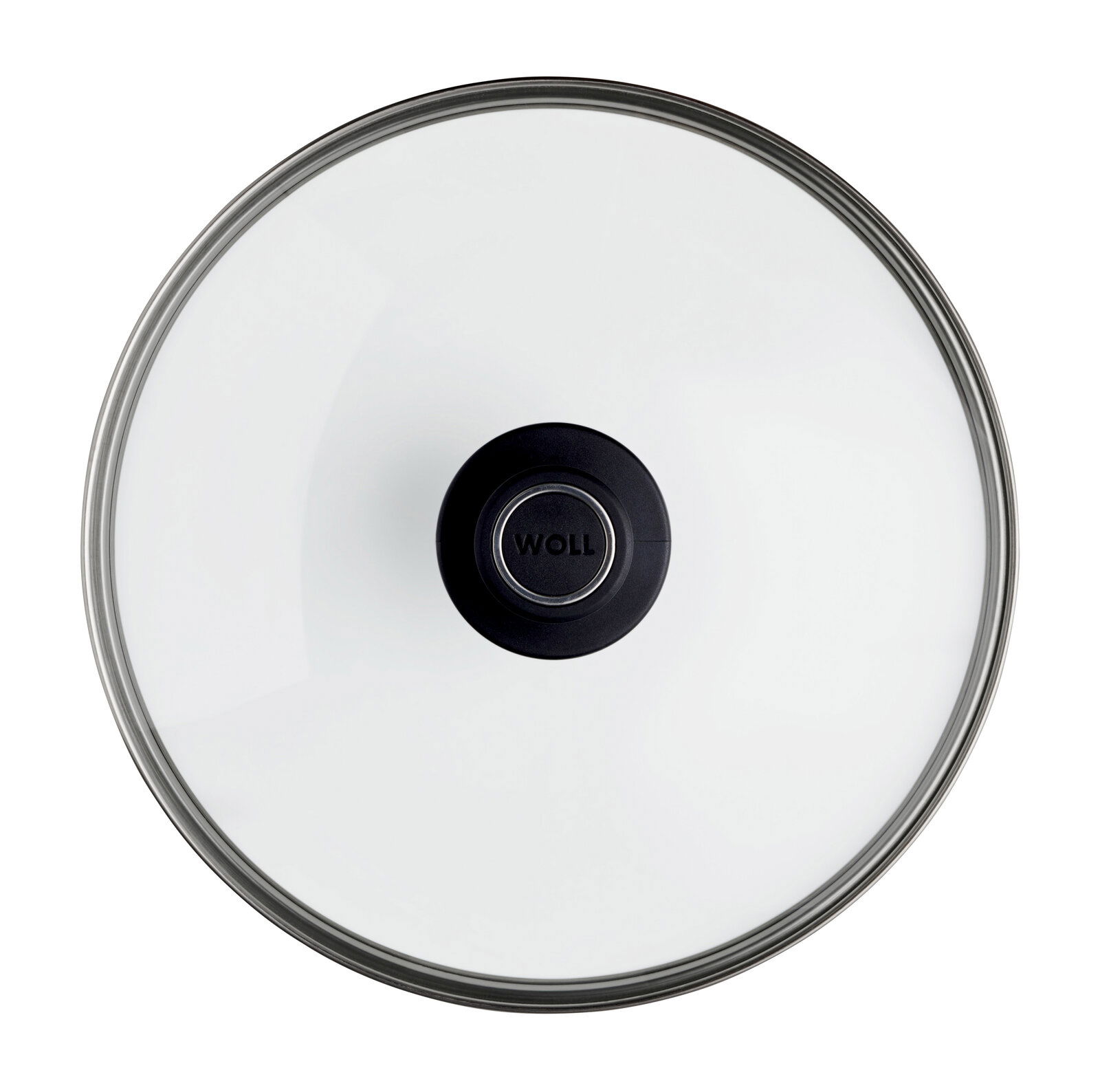 Woll Sicherheitsglasdeckel Ø 28 cm Sicht von oben auf einen Sicherheitsglasdeckel mit schwarzem Griff, Durchmesser 28 cm