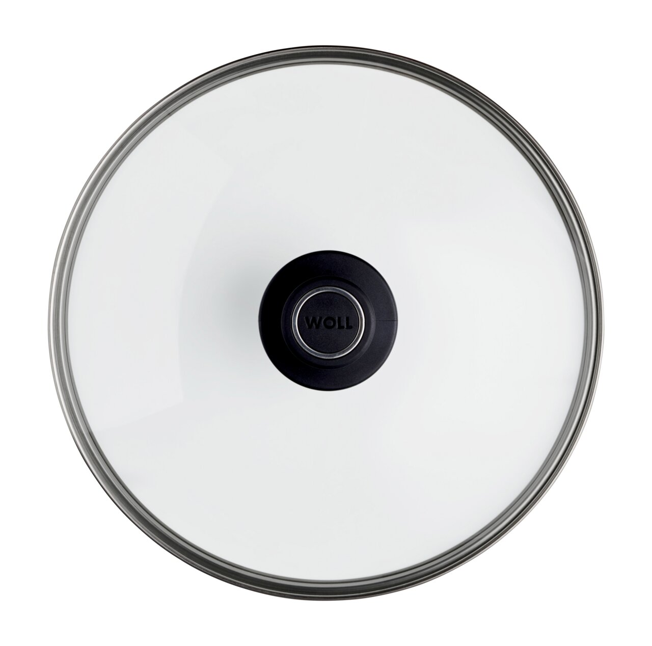 Sicht von oben auf einen Sicherheitsglasdeckel mit schwarzem Griff, Durchmesser 28 cm