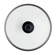 Sicht von oben auf einen Sicherheitsglasdeckel mit schwarzem Griff, Durchmesser 28 cm