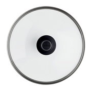Sicht von oben auf einen Sicherheitsglasdeckel mit schwarzem Griff, Durchmesser 28 cm