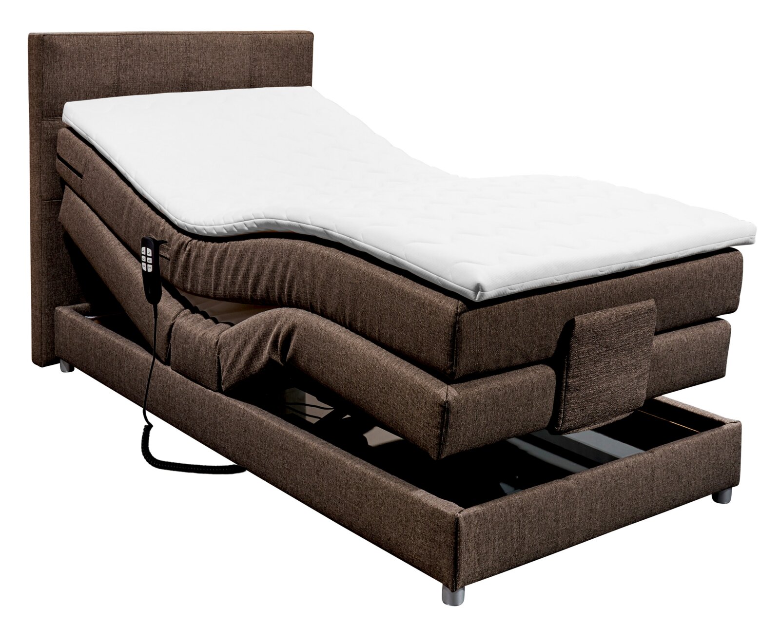 Boxspringbett mit verstellbarer Matratze und Fernbedienung, seitliche Perspektive
