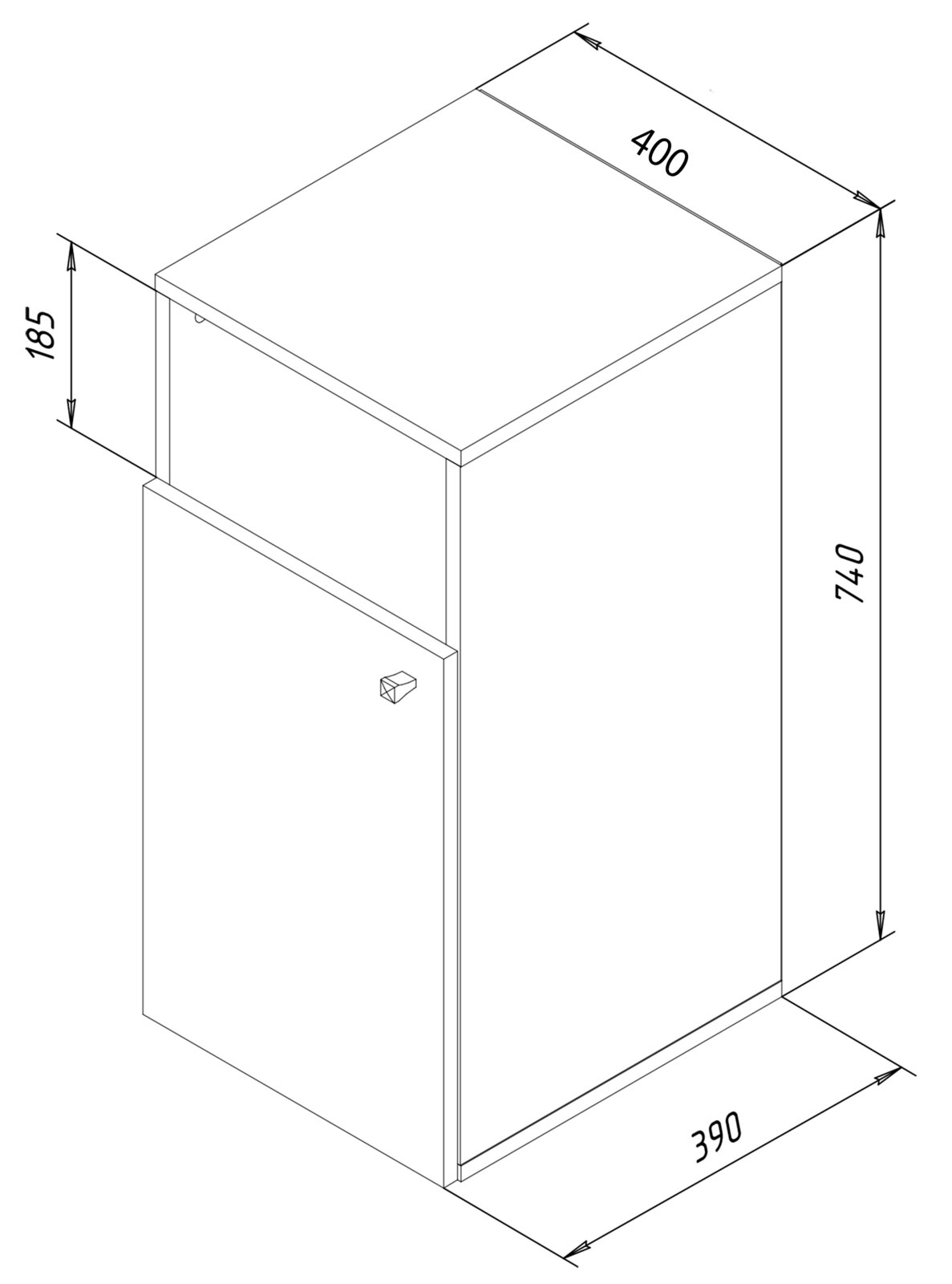 Technische isometrische Zeichnung eines schmalen Bad-Unterschranks mit Tür und kleinem Griff, Maße ca. 740 mm Höhe, 400 mm Breite und 390 mm Tiefe, Ansicht schräg von vorne/oben.