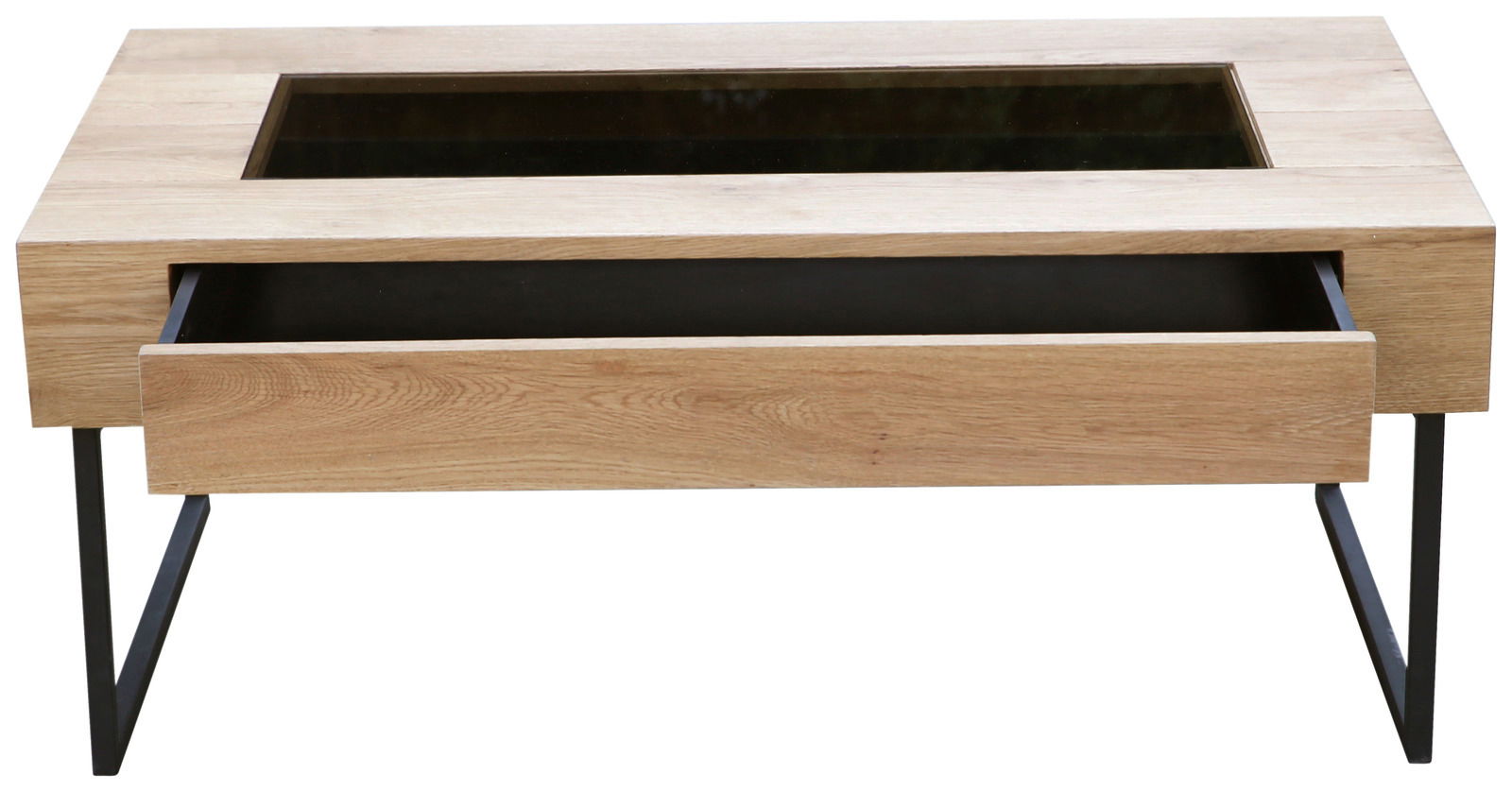 Moderner Couchtisch aus Holz mit Glasplatte und Schublade, frontale Ansicht