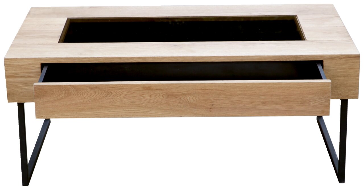 Moderner Couchtisch aus Holz mit Glasplatte und Schublade, frontale Ansicht