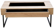 Moderner Couchtisch aus Holz mit Glasplatte und Schublade, frontale Ansicht