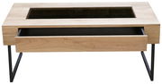 Moderner Couchtisch aus Holz mit Glasplatte und Schublade, frontale Ansicht