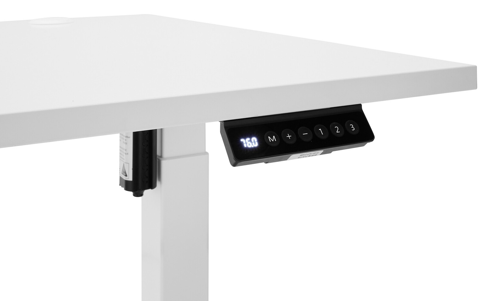 Weißer E-Schreibtisch mit digitalem Bedienfeld, seitliche Perspektive