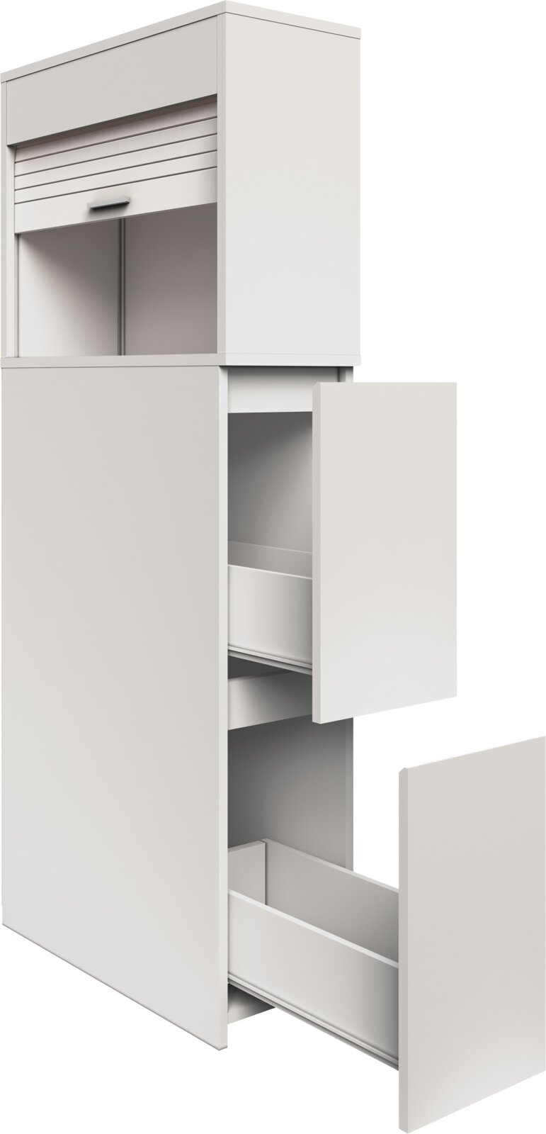 Weißer Hochschrank mit Rollladenfach oben und geöffneter Tür mit Innenregalen, schräg von vorne rechts fotografiert.