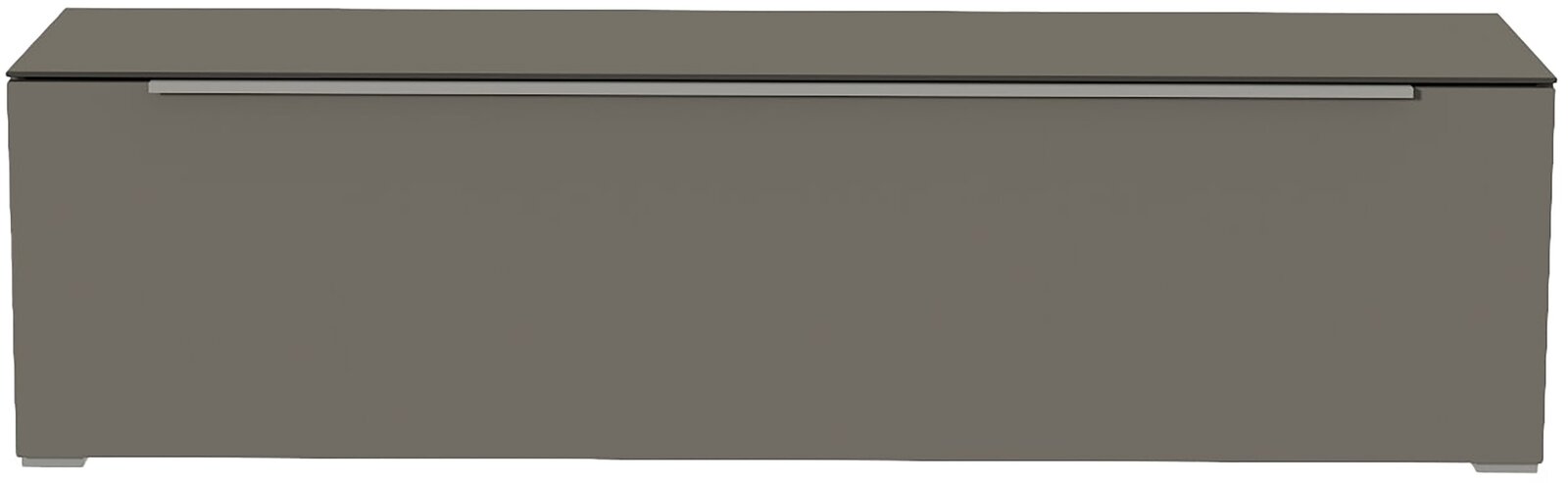 Frontansicht eines grauen TV-Lowboards mit schlichtem Design und einer langen Griffleiste.