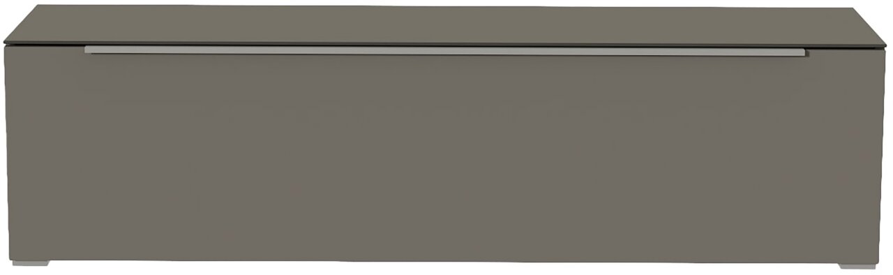 Frontansicht eines grauen TV-Lowboards mit schlichtem Design und einer langen Griffleiste.