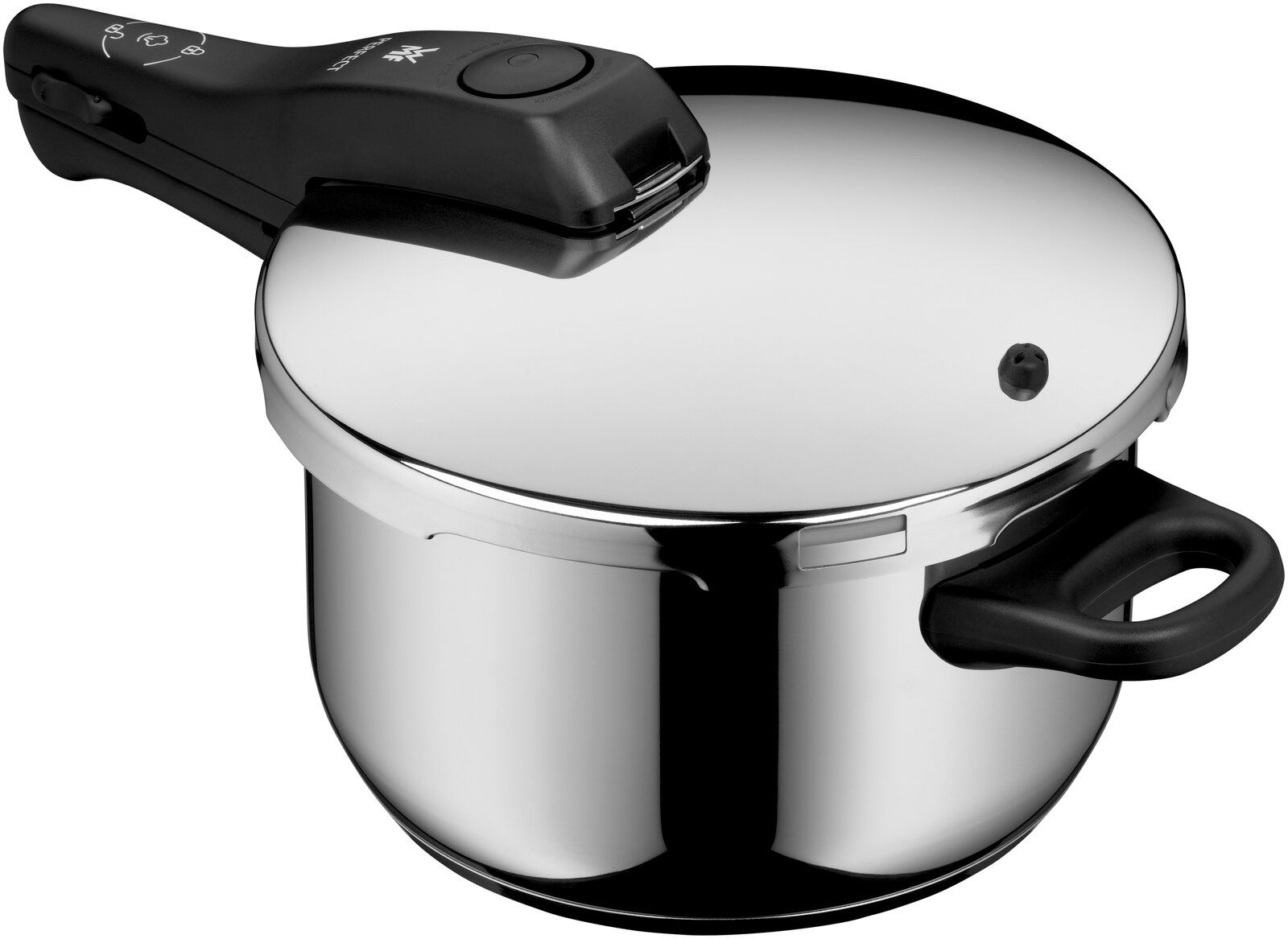 Schnellkochtopf aus Edelstahl mit schwarzem Griff, seitliche Perspektive