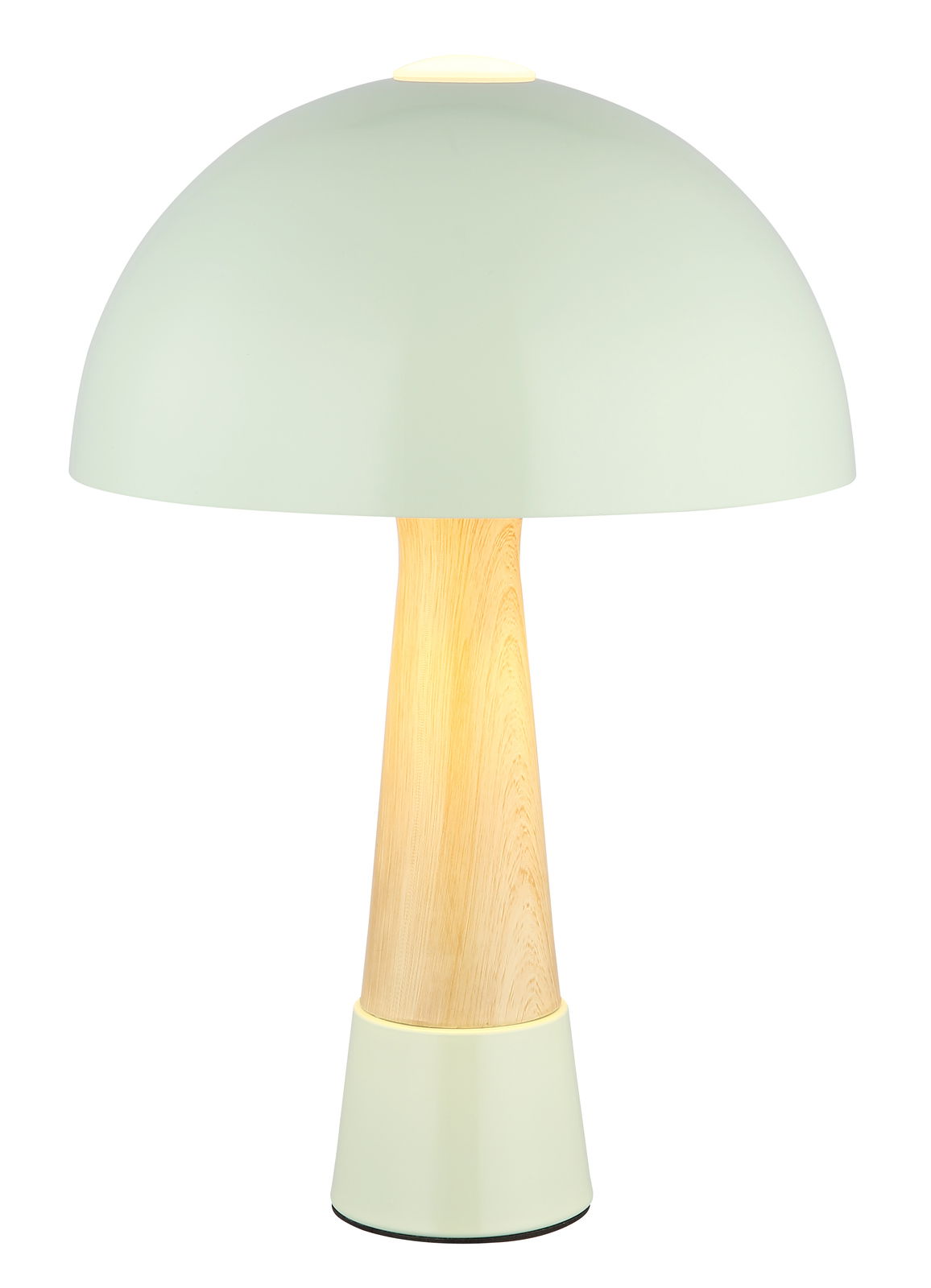 Moderne Tischleuchte mit rundem, mintgrünem Schirm und Holzfuß, frontal abgebildet.