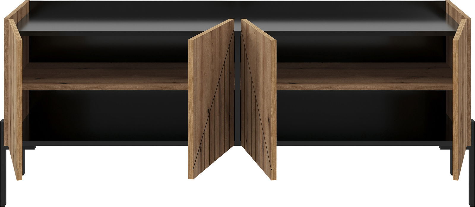 TV Lowboard aus Holz mit offenen Türen, Vorderansicht