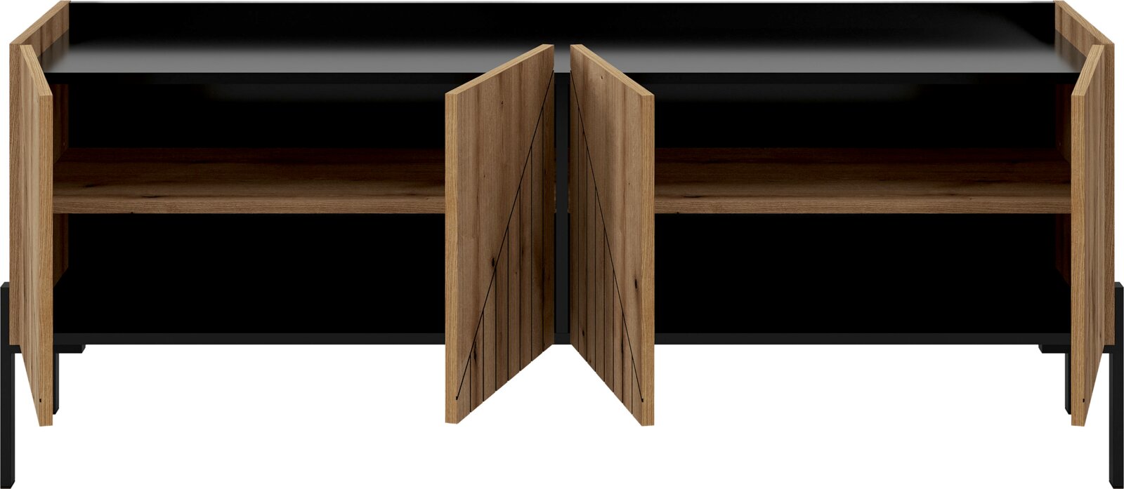 TV Lowboard aus Holz mit offenen Türen, Vorderansicht