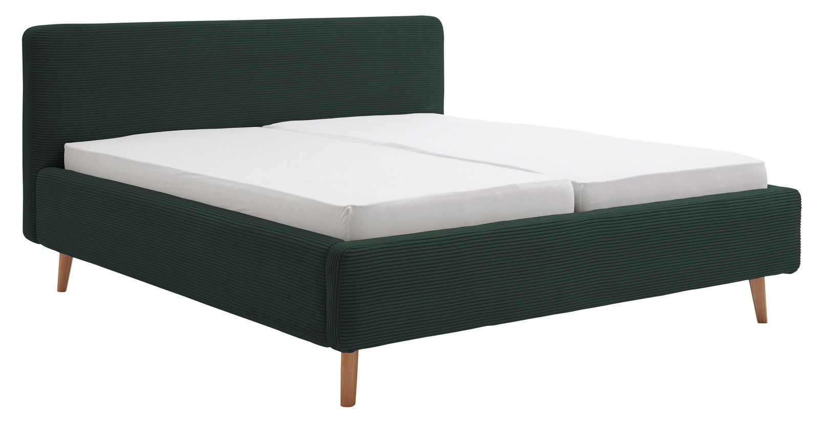 XORA Polsterbettgestell MATTIS Polsterbettgestell in dunklem Grün mit Holzfüßen, seitliche Perspektive