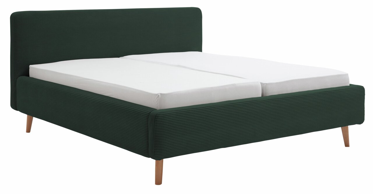 Polsterbettgestell in dunklem Grün mit Holzfüßen, seitliche Perspektive