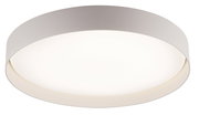 Runde, flache LED-Deckenleuchte in Weiß mit breitem Rahmen und opaler Diffusorfläche, freigestellt; Perspektive: leicht von unten in schräger Frontansicht.