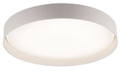 Runde, flache LED-Deckenleuchte in Weiß mit breitem Rahmen und opaler Diffusorfläche, freigestellt; Perspektive: leicht von unten in schräger Frontansicht.