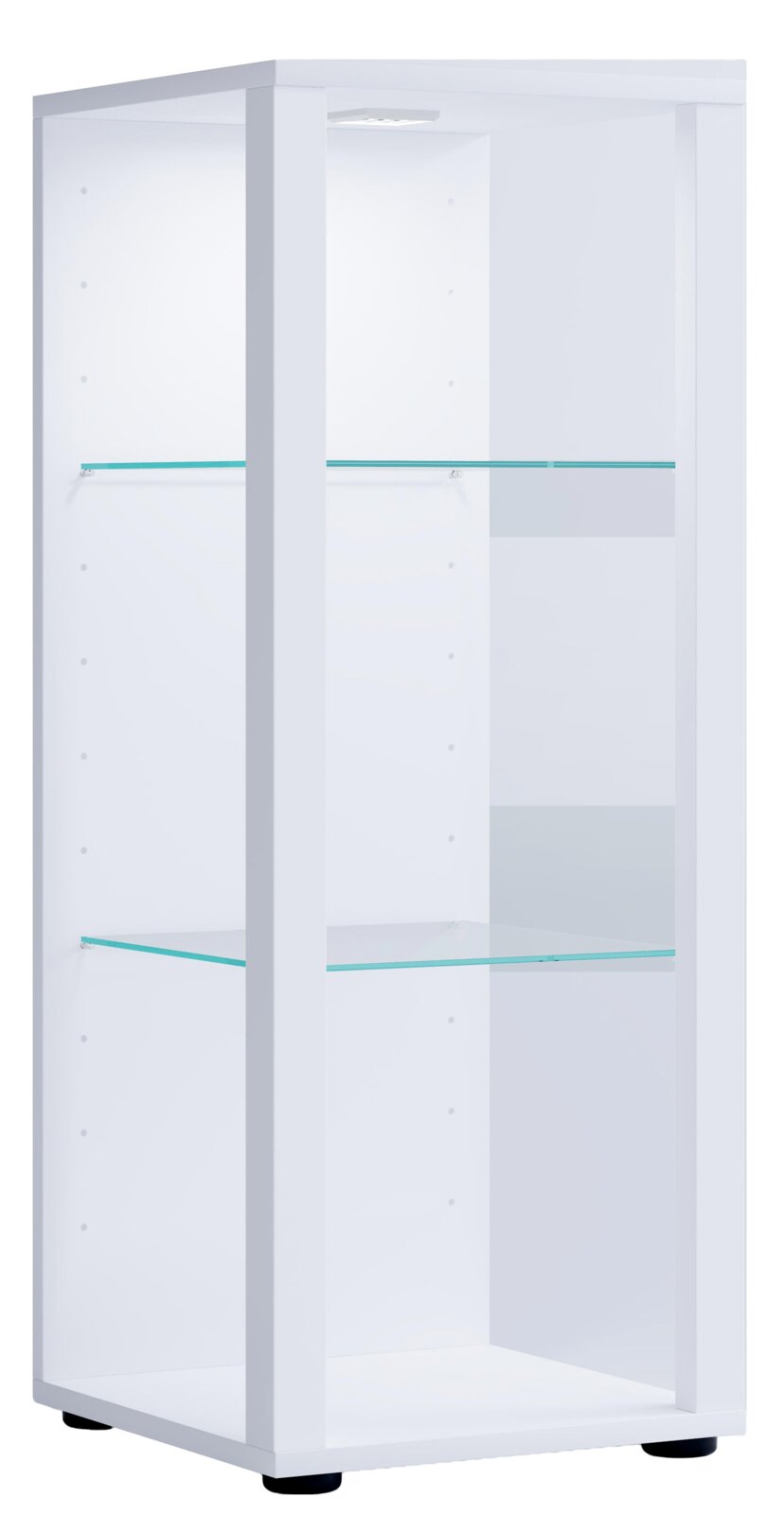 Weiße, hohe Glasvitrine mit zwei transparenten Glasböden, integrierter Deckenbeleuchtung und schwarzen Standfüßen, in schräger Frontansicht von links dargestellt.