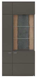 Moderne Vitrine in dunklem Holz mit Glastüren und zwei Einlegeböden, Frontalansicht