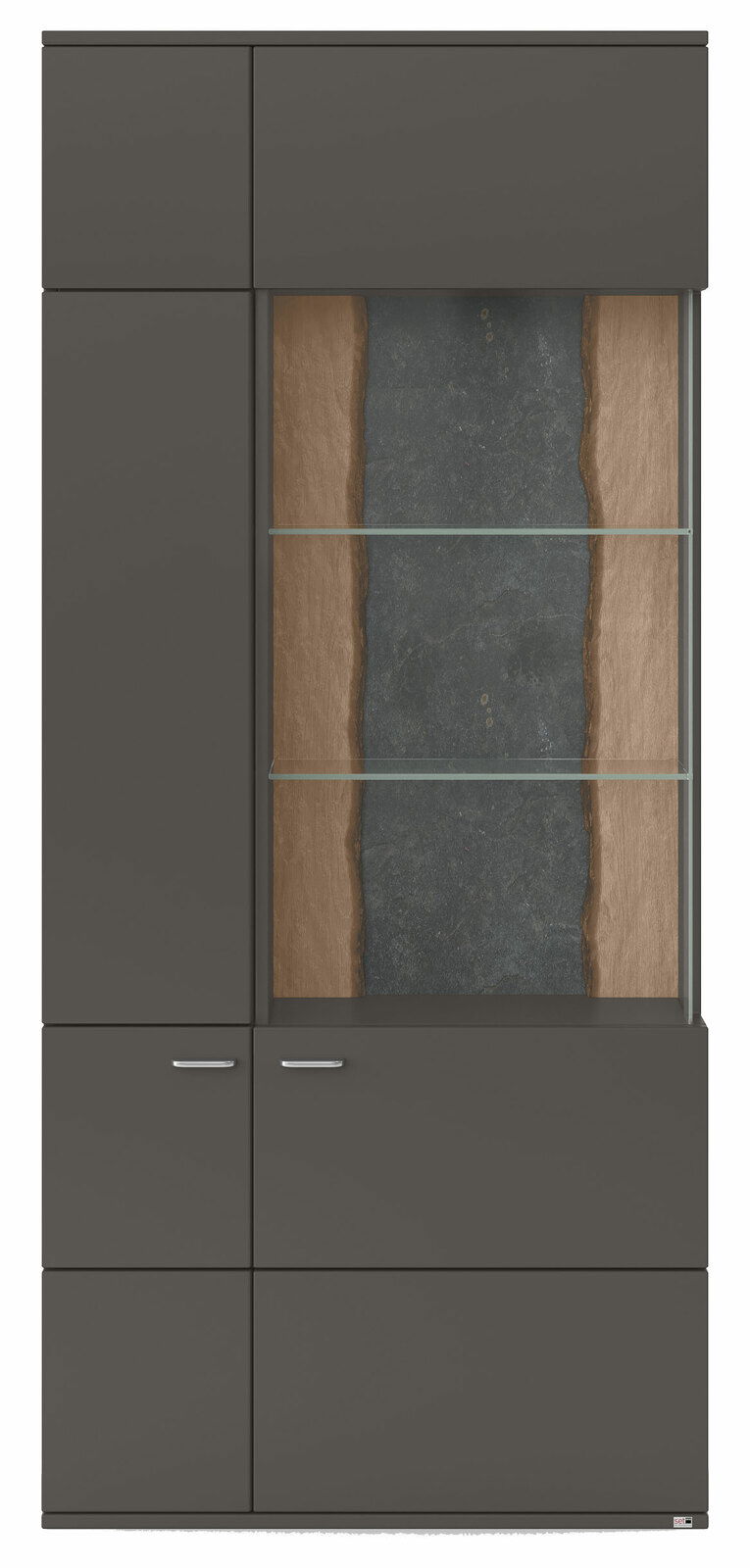 Moderne Vitrine in dunklem Holz mit Glastüren und zwei Einlegeböden, Frontalansicht