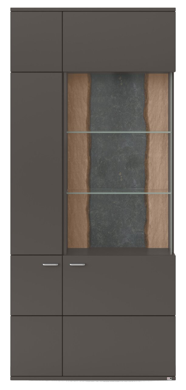 Moderne Vitrine in dunklem Holz mit Glastüren und zwei Einlegeböden, Frontalansicht