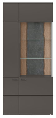 Moderne Vitrine in dunklem Holz mit Glastüren und zwei Einlegeböden, Frontalansicht