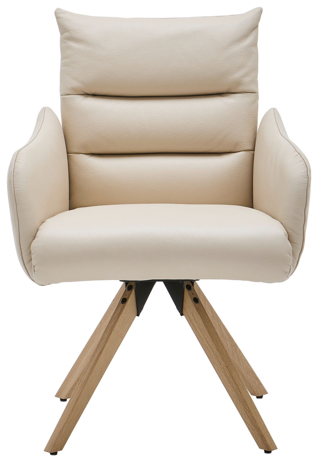 Beiger Armlehnstuhl mit gepolstertem Sitz und Rückenlehne, auf Holzbeinen, Frontalansicht