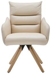 Beiger Armlehnstuhl mit gepolstertem Sitz und Rückenlehne, auf Holzbeinen, Frontalansicht