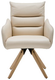 Beiger Armlehnstuhl mit gepolstertem Sitz und Rückenlehne, auf Holzbeinen, Frontalansicht