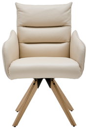 Beiger Armlehnstuhl mit gepolstertem Sitz und Rückenlehne, auf Holzbeinen, Frontalansicht