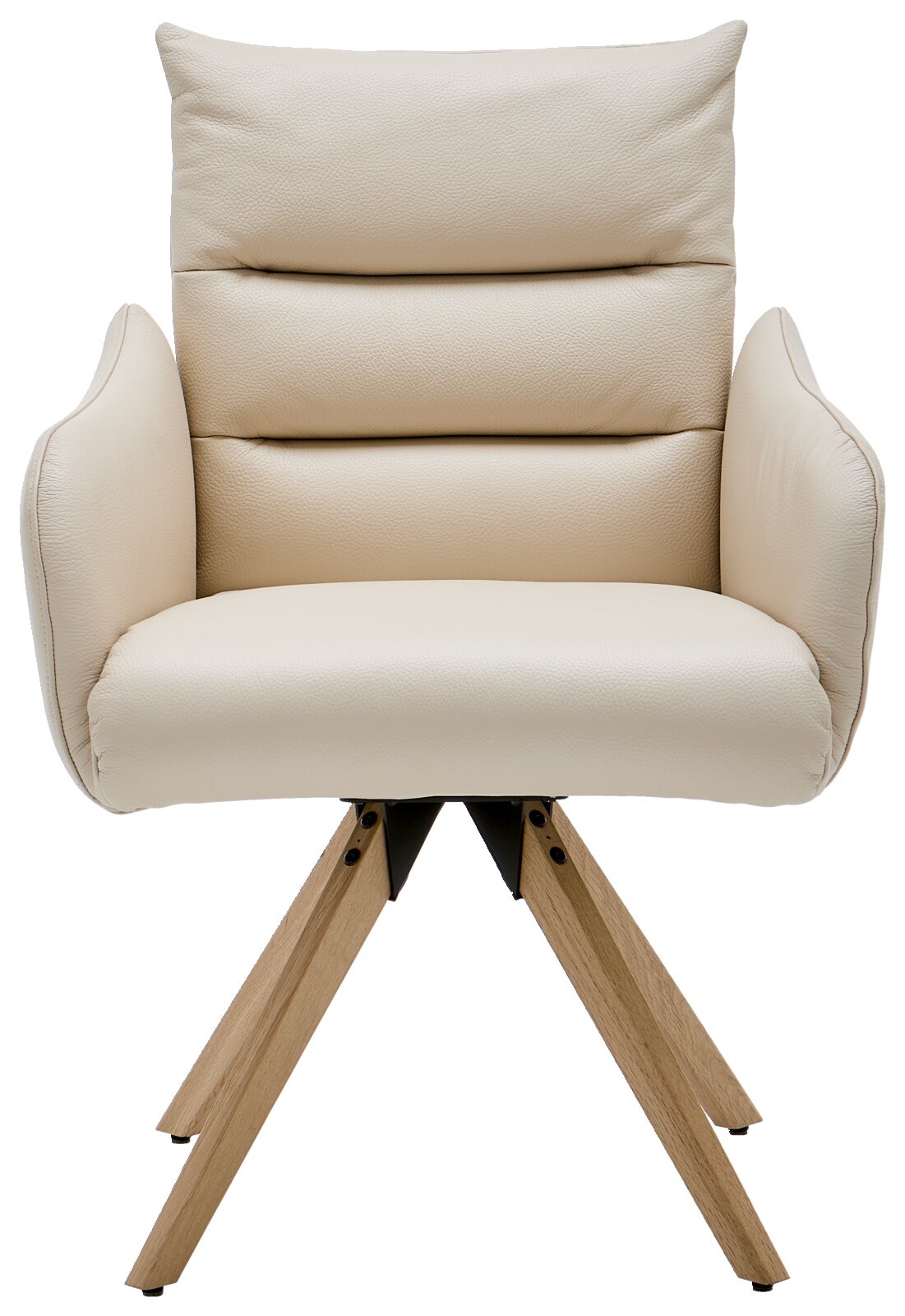 Beige fauteuil met gestoffeerde zitting en rugleuning, op houten poten, vooraanzicht