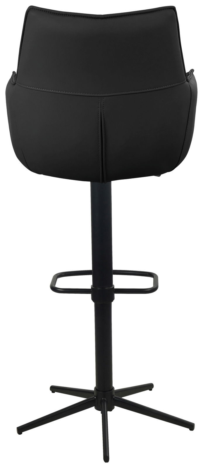 Rückansicht eines schwarzen Barstuhls mit gepolsterter Rückenlehne und stabilem Metallgestell.