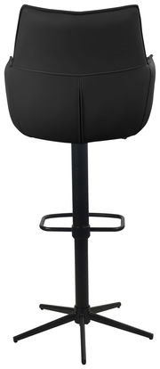 Rückansicht eines schwarzen Barstuhls mit gepolsterter Rückenlehne und stabilem Metallgestell.