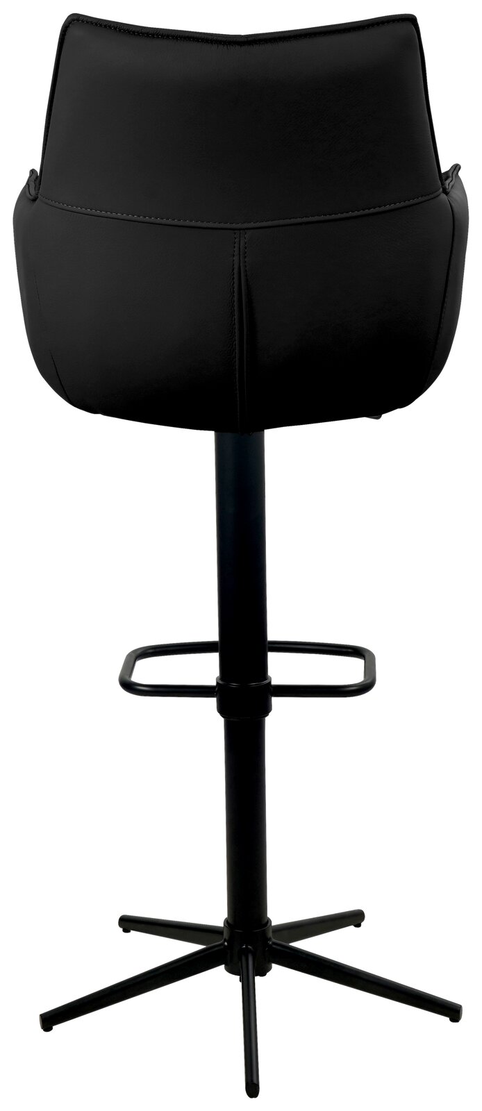 Rückansicht eines schwarzen Barstuhls mit gepolsterter Rückenlehne und stabilem Metallgestell.