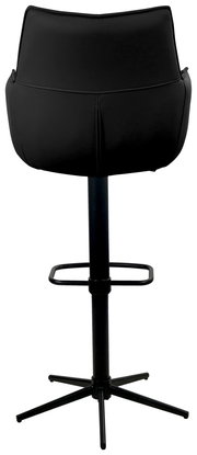 Rückansicht eines schwarzen Barstuhls mit gepolsterter Rückenlehne und stabilem Metallgestell.