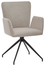 Moderner Armlehnstuhl mit hellgrauem Stoffbezug und schwarzem Metallgestell, seitliche Perspektive