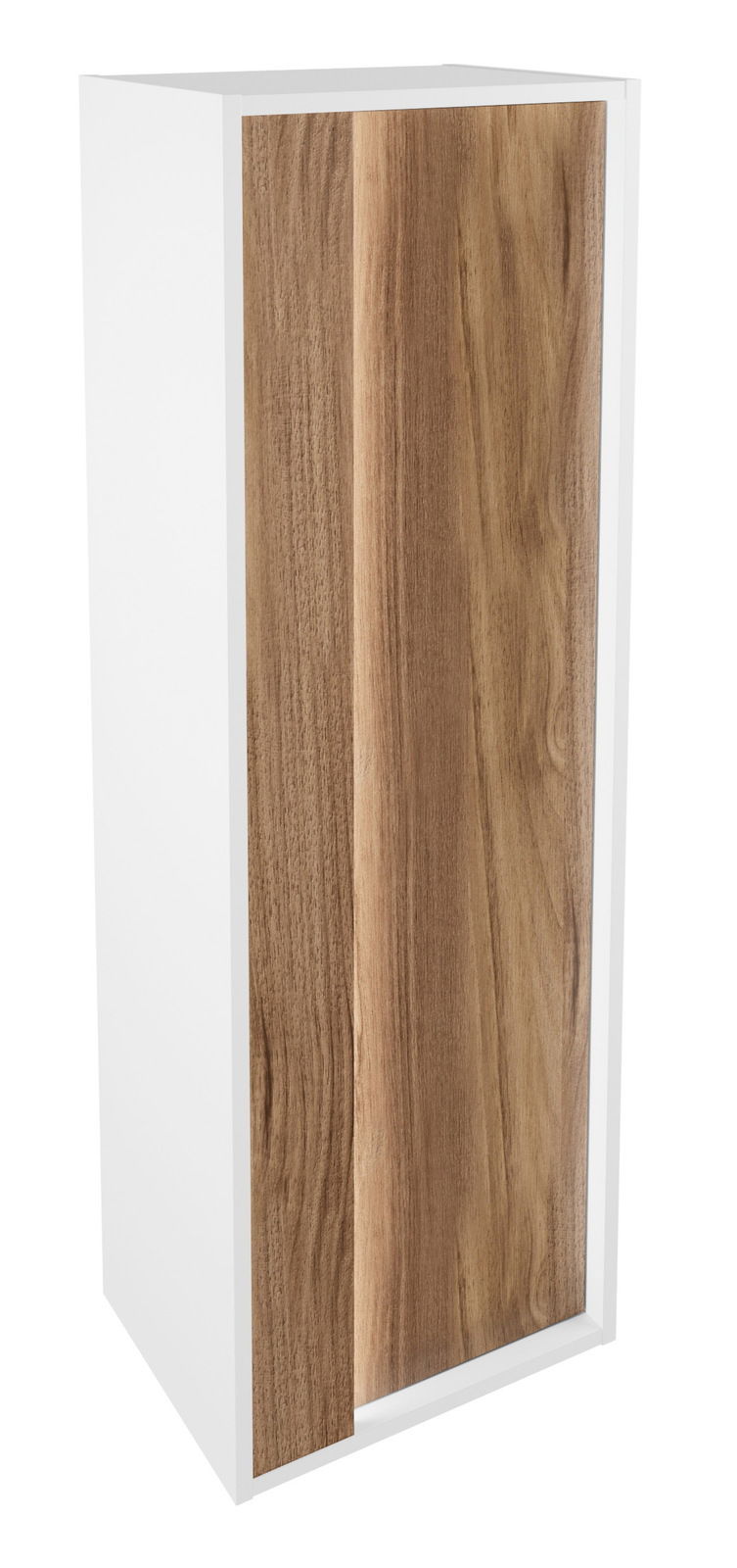 Midischrank mit weißem Korpus und Holzfront, seitliche Perspektive