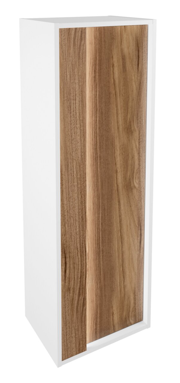 Midischrank mit weißem Korpus und Holzfront, seitliche Perspektive