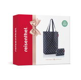 Verpackung des Cityshopper 2-Sets in Blau mit goldenen Punkten, bestehend aus einer großen Tasche und einem kleinen Etui, seitliche Perspektive.