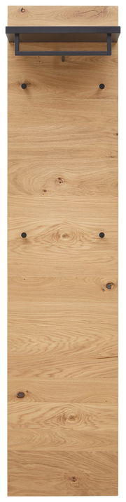 Garderobenpaneel schmal aus Holz mit schwarzer Ablage und Haken, Frontalansicht