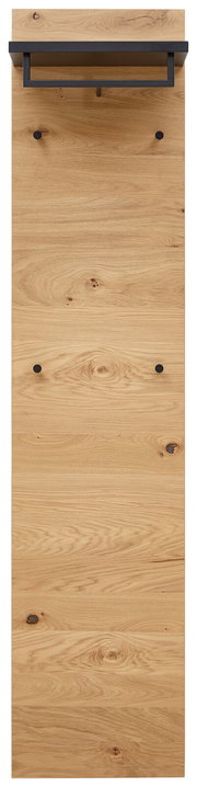 Garderobenpaneel schmal aus Holz mit schwarzer Ablage und Haken, Frontalansicht