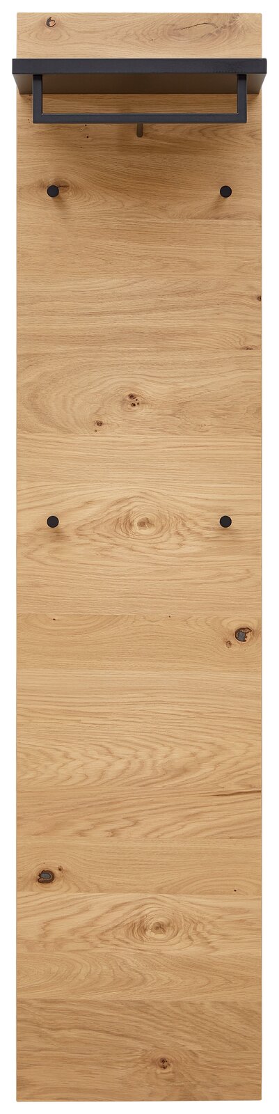 Garderobenpaneel schmal aus Holz mit schwarzer Ablage und Haken, Frontalansicht